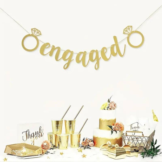 Golden "Engaged" Banner with Diamond Ring Design