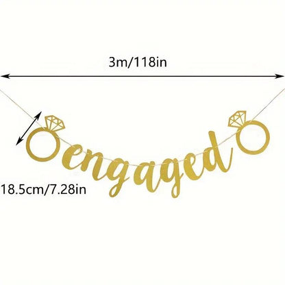 Golden "Engaged" Banner with Diamond Ring Design