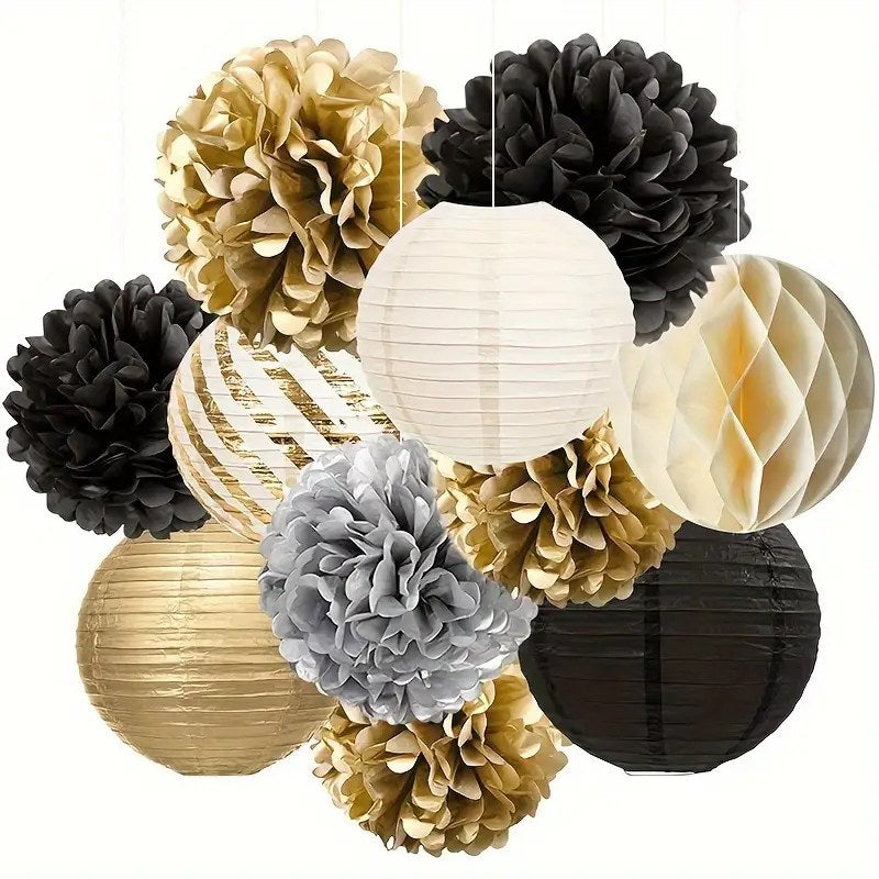 11pcs Black Golden Paper Lanterns and Honeycomb Balls Set