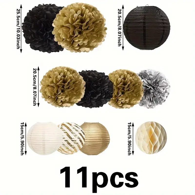 11pcs Black Golden Paper Lanterns and Honeycomb Balls Set