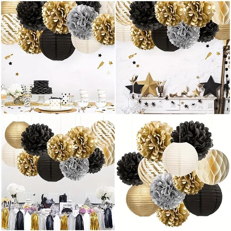 11pcs Black Golden Paper Lanterns and Honeycomb Balls Set