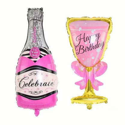 2pcs, Happy Birthday Champagne Bottle And Wine Glass Balloons