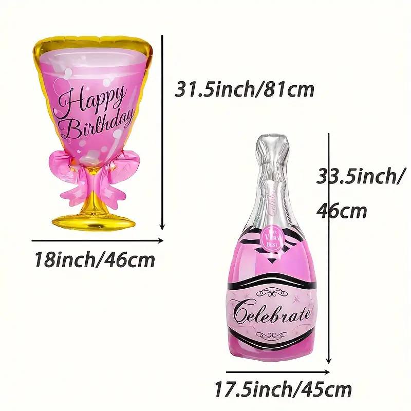 2pcs, Happy Birthday Champagne Bottle And Wine Glass Balloons