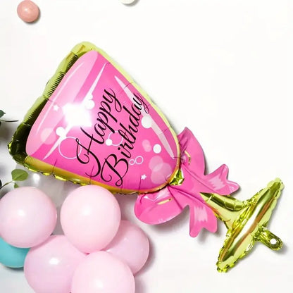 2pcs, Happy Birthday Champagne Bottle And Wine Glass Balloons